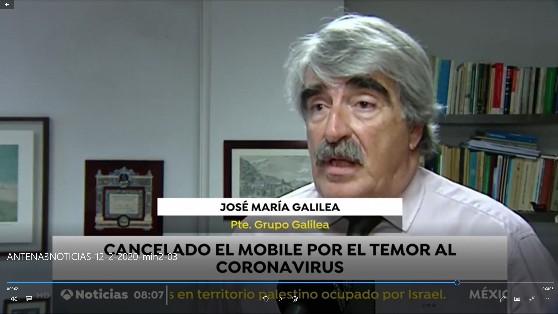 Intervención Josep María Galilea en Antena 3 Noticias tras la cancelación de la MWC 2020 de Barcelona por el coronavirus. 12/2/2020 5