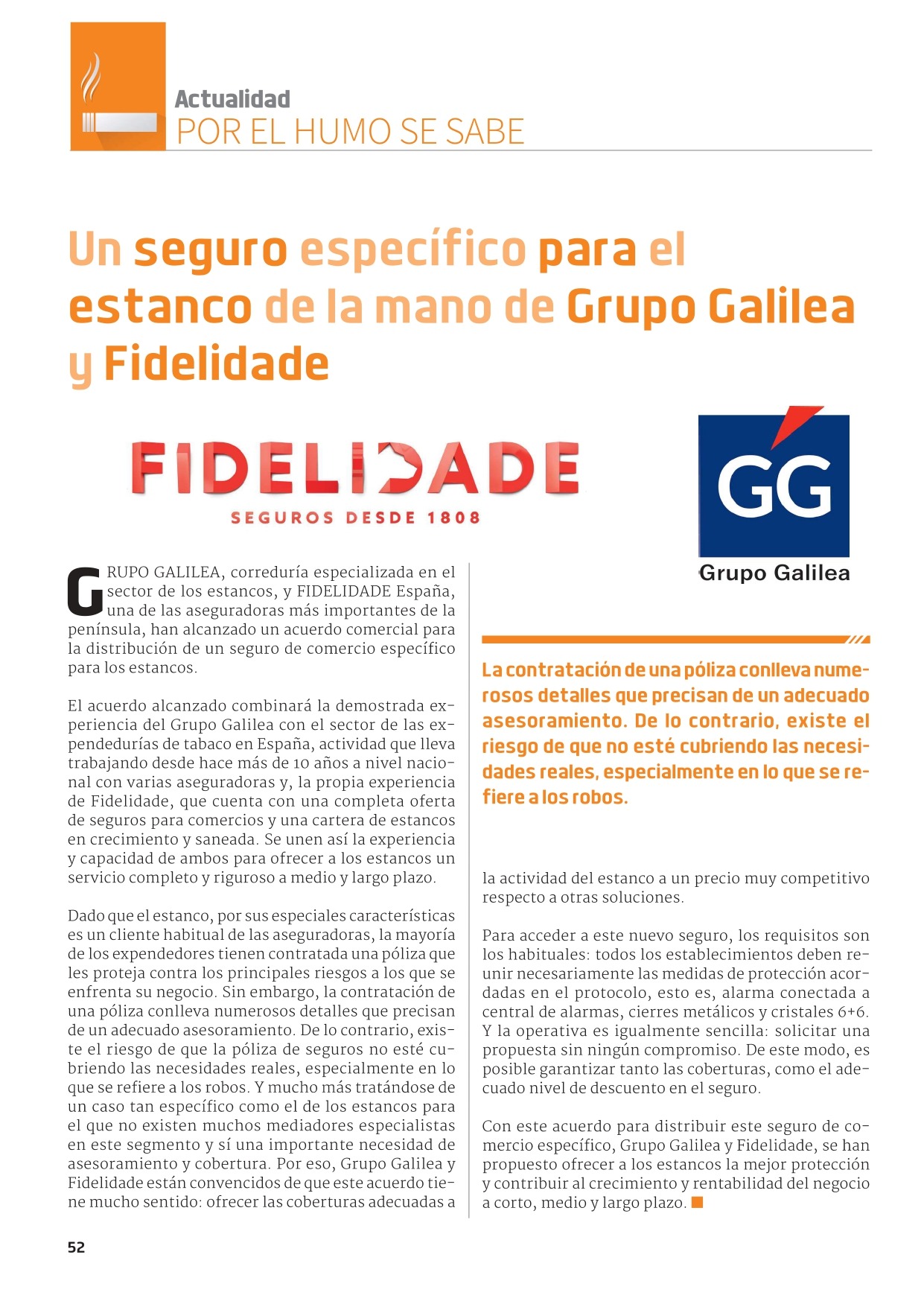 Publicación Mundo Estancos El seguro específico para el estanco de la mano de Grupo Galilea y Fidelidade. Diciembre 2021 1